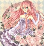  aqua_eyes bare_shoulders checkered checkered_background dress elbow_gloves flower frilled_dress frills gloves hairband lace long_hair megurine_luka nozomi_fuuten pink_flower pink_hair pink_rose rose smile solo very_long_hair vocaloid 