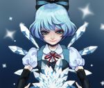  bad_id bad_pixiv_id blue_hair blush bow cirno elbow_gloves gloves hachienza hair_bow ice short_hair smile solo touhou wings 