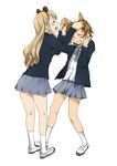  animal_ears blazer blonde_hair blush brown_hair closed_eyes fox_ears grin hairband jacket k-on! kotobuki_tsumugi kurokoshou legs long_hair multiple_girls raccoon_ears school_uniform short_hair skirt smile socks tainaka_ritsu 