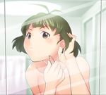  adjusting_hair akizuki_ryou antenna_hair brown_eyes brown_hair idolmaster idolmaster_dearly_stars male_focus mirror nude otoko_no_ko sat solo tweezers 