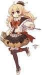  7010 ahoge ballet_slippers basket black_legwear blonde_hair blue_eyes bow bread food food_themed_clothes long_hair muffin object_on_head open_mouth original ribbon smile solo spoon standing standing_on_one_leg thighhighs 
