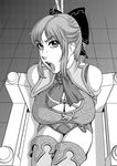  arms_behind_back bare_shoulders boots bound bow breasts cassandra_alexandra cleavage face greyscale hair_bow kikumizu_shouichi large_breasts md5_mismatch monochrome open_mouth panties ribbon sitting solo soulcalibur sweat thigh_boots thighhighs tied_up underwear 