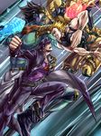  angry battle blonde_hair blood chain clenched_hand dio_brando duel gakuran glowing hat heart highres jojo_no_kimyou_na_bouken kaneaki_mukku kuujou_joutarou long_coat male_focus multiple_boys muscle nail_polish purple_hair scarf school_uniform stand_(jojo) star_platinum stardust_crusaders the_world 