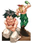  1girl alex_(street_fighter) bad_id bad_pixiv_id clenched_hands clenched_teeth commentary_request dougi gloves headband karate_gi kneeling makoto_(street_fighter) muscle short_hair sports_bra street_fighter street_fighter_iii_(series) takoyaki_neko-san tears teeth tomboy 