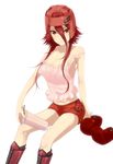  boxing_gloves boxing_headgear breasts brown_eyes cleavage drinking_straw highres izayoi_aki large_breasts long_hair oi_shibako red_hair shorts sitting solo strap_slip tank_top yuu-gi-ou yuu-gi-ou_5d's 