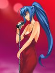  a1 absurdres blue_eyes blue_hair cleavage dress hayase_mitsuki highres initial-g jewelry kimi_ga_nozomu_eien long_hair microphone microphone_stand necklace ponytail solo standing very_long_hair 