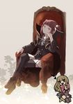  bad_id bad_pixiv_id brown_hair cape chiry_(tiger) crossed_legs hair_bobbles hair_ornament mammon multiple_girls red_hair sitting skirt stakes_of_purgatory thighhighs throne twintails umineko_no_naku_koro_ni ushiromiya_ange 