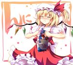  bag blonde_hair blush closed_eyes closed_mouth flandre_scarlet food hat hinooka_shuuji mob_cap popcorn side_ponytail solo struggling sweatdrop touhou trembling truth wince wings 