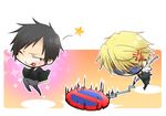  :p anger_vein chibi dodging durarara!! heiwajima_shizuo kari_(cocktail_box) male_focus multiple_boys one_eye_closed orihara_izaya road_sign sign sunglasses tongue tongue_out tuxedo 