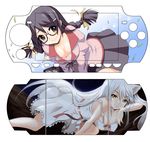  bakemonogatari bare_shoulders black_eyes black_hair black_hanekawa bow braid downblouse dress dual_persona glasses hair_bow handheld_game_console hanekawa_tsubasa highres juliet_sleeves long_hair long_sleeves monogatari_(series) mosho multiple_girls nekomonogatari playstation_portable puffy_sleeves school_uniform strap_slip twin_braids very_long_hair white_hair 