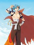  cape kamina kamina_shades katana male_focus red_eyes ru&amp;pauda_(artist) sarashi shirtless smile solo sword tattoo tegaki tengen_toppa_gurren_lagann weapon 