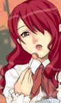  ban food hair_over_one_eye kirijou_mitsuru long_hair lowres persona persona_3 red_hair ribbon solo takoyaki wavy_hair 