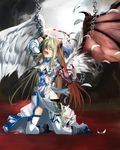  angel_wings blonde_hair blood blue_eyes chain corruption demon_wings fantasy feathers halo highres kneeling kouji_(astral_reverie) one_eye_closed original solo thighhighs torn_clothes transformation wings 