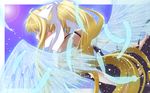  air blonde_hair blue_eyes feathers from_behind highres kamio_misuzu kyougoku_touya long_hair ponytail school_uniform solo wings 