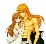  bleach brown_eyes couple inoue_orihime kurosaki_ichigo long_hair mullet orange orange_hair topless 