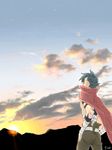  blue_hair cape cloud kamina male_focus ru&amp;pauda_(artist) sarashi sky solo sunrise tegaki tengen_toppa_gurren_lagann 