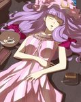  bare_shoulders book bowl cake closed_eyes food hat jack_hamster long_hair lying patchouli_knowledge purple_hair ribbon saliva sleeping solo spoon touhou 