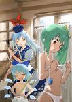 bloomers blue_hair bow breasts bust_measuring cirno closed_eyes daiyousei flat_chest green_hair hair_bow hair_ribbon hat highres kamishirasawa_keine measuring medium_breasts multiple_girls navel panties pine pink_panties ribbon side_ponytail slapping small_breasts tape_measure topless touhou underwear underwear_only white_bloomers wings yellow_eyes 