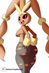  2019 anthro big_breasts big_butt bikini black_sclera breasts brown_fur butt clothed clothing female fur grin hi_res lagomorph long_ears looking_back lopunny lucyfercomic mammal mega_evolution mega_lopunny nintendo pok&eacute;mon pok&eacute;mon_(species) rear_view red_eyes simple_background skimpy smile standing swimsuit thick_thighs video_games white_background 