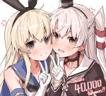  2girls amatsukaze_(kantai_collection) blonde_hair blue_sailor_collar brown_dress brown_eyes cheek-to-cheek commentary_request crop_top dress elbow_gloves fang followers gloves grey_eyes hair_tubes kantai_collection lifebuoy long_hair multiple_girls open_mouth parted_lips sailor_collar sailor_dress shimakaze_(kantai_collection) silver_hair simple_background smile takanashi_kei_(hitsujikan) two_side_up upper_teeth white_background white_gloves windsock 