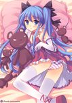  bad_id bad_pixiv_id blue_eyes blue_hair bow elbow_gloves gloves original panties peach_(momozen) pillow solo striped striped_panties stuffed_animal stuffed_toy teddy_bear thighhighs twintails underwear 