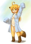  ahoge animal_ears barefoot fang female fox_ears fox_tail full_body furry glasses gradient gradient_background ka_(pixiv341010) kagerofu long_hair open_clothes open_mouth open_shirt oversized_clothes panties paws shirt simple_background smile solo tail underwear yellow_eyes 