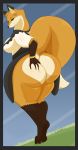  2019 anthro armello asaneman big_butt black_nose bracelet breasts butt butt_grab canid canine clothed clothing female fox gloves_(marking) grass hand_on_butt jewelry looking_back mammal markings raised_tail red_fox scarlet_(armello) socks_(marking) solo standing yellow_eyes 