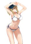  1girl arms_up artoria_pendragon_(all) baseball_cap bikini blonde_hair blue_eyes breasts fate/grand_order fate_(series) hat highres mysterious_heroine_xx_(foreigner) ponytail solo swimsuit yonyon_(yotayota_honpo) 