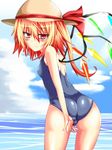  adjusting_clothes adjusting_swimsuit ass bad_id bad_pixiv_id bare_shoulders blush breasts cameltoe flandre_scarlet hat highres looking_back naughty_face one-piece_swimsuit one_side_up red_eyes red_hair school_swimsuit small_breasts solo suterii swimsuit touhou water wings 