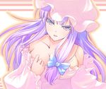  bare_shoulders breasts cleavage hat large_breasts long_hair otogi_kyouka patchouli_knowledge purple_eyes purple_hair ribbon slit_pupils solo touhou 