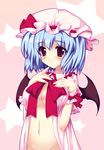  bad_id bad_pixiv_id bat_wings blue_hair bottomless breast_suppress breasts cleavage hat large_breasts navel open_clothes open_shirt red_eyes remilia_scarlet shimesaba_kohada shirt short_hair smile solo touhou wings wrist_cuffs 