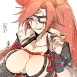  1girl amputee baiken big_hair black_jacket breasts cleavage commentary eyepatch facial_tattoo grin guilty_gear guilty_gear_xrd happy_birthday highres jacket jacket_on_shoulders japanese_clothes kataginu katana kimono large_breasts long_hair looking_at_viewer multicolored multicolored_clothes multicolored_kimono one-eyed open_clothes open_kimono pink_hair pipe ponytail red_eyes roas01b samurai scar scar_across_eye smile sword tattoo weapon 