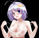  1girl antenna_hair areolae bag blue_eyes blush breasts hair_ornament large_breasts lavender_hair looking_at_viewer m.mikasa meme_attire nipples nose_blush open_mouth original plastic_bag plastic_bag_swimsuit see-through short_hair solo strap_pull tears upper_body 