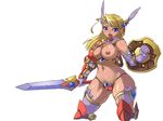  armor blonde_hair breast_slip breasts cameltoe dark_nipples dark_skin feathers highres kawacchi_hirohiro large_breasts long_hair nipples one_breast_out open_mouth original panties plump shield solo sweat sword thick_thighs thighhighs thighs thong torn_clothes underwear wardrobe_malfunction weapon 