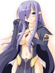  breasts cleavage earrings elbow_gloves fatima_(luminous_arc) gloves hair_over_one_eye jewelry kokorono_arika large_breasts long_hair luminous_arc luminous_arc_2 navel pendant pointy_ears purple_eyes purple_hair solo witch 