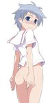  ass blue_eyes blush bottomless embarrassed glasses kazekoshi_school_uniform maruto! no_panties saki school_uniform serafuku short_hair silver_hair solo yoshitome_miharu 