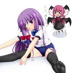  &gt;_&lt; :d alternate_costume bad_id bad_pixiv_id bat_wings blush_stickers buruma cameltoe chibi closed_eyes fang feet gym_uniform head_wings koakuma kuro_minamo long_hair multiple_girls one_eye_closed open_mouth patchouli_knowledge purple_eyes purple_hair red_hair smile stretch thighhighs touhou wince wings xd 