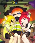  3girls :o amatcha bare_shoulders bike_shorts black_cape black_skirt blonde_hair blue_eyes cape cellphone closed_mouth domino_mask eyes_closed eyes_visible_through_hair headgear hero_shot_(splatoon) inkling long_hair long_sleeves looking_at_viewer lying mask miniskirt multiple_girls octarian octoling on_back on_side one_eye_closed open_mouth orange_hair phone pointy_ears ponytail red_hair short_hair single_vertical_stripe skirt sleeping smartphone smartphone_case smile splatoon splatoon_(series) splatoon_2 splatoon_2:_octo_expansion squidbeak_splatoon suction_cups tentacle_hair thigh_strap torn_cape torn_clothes vest waking_up 