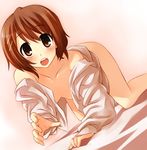  all_fours bent_over blush bottomless brown_hair hair_ornament hairclip hirasawa_yui k-on! no_bra open_clothes open_mouth open_shirt pino_(birthdayparty) round_teeth shirt solo teeth 
