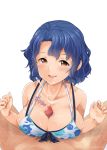  1boy 1girl bangs bikini blue_bikini blue_hair blush breast_press breasts brown_eyes censored collarbone cum cum_on_body cum_on_breasts cum_on_upper_body ejaculation eyebrows_visible_through_hair front-tie_bikini front-tie_top heart hetero highres idolmaster idolmaster_million_live! large_breasts layered_swimsuit looking_at_viewer male_pubic_hair mosaic_censoring open_mouth paizuri parted_bangs penis pov pubic_hair short_hair simple_background smile solo_focus strap_gap sweat swimsuit toyokawa_fuuka twitter_username wavy_hair white_background whitecheese_tan 