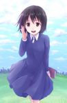  1girl artist_request bangs black_hair blue_dress bob_cut book brown_eyes dress highres long_dress looking_at_viewer meadow nakahara_misaki nhk_ni_youkoso! open_mouth short_hair 