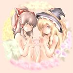  ao_usagi blonde_hair bow braid brown_hair flat_chest hakurei_reimu hat heart heart_hands heart_hands_duo kirisame_marisa long_hair multiple_girls nude touhou witch_hat yellow_eyes yuri 