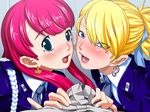  2girls blonde_hair blush earrings fuwa_daisuke game_cg hetero jewelry lipstick makeup mole mole_under_eye multiple_girls necktie open_mouth perfect_hole pink_hair pov red_hair sakuragi_megu shiomi_madoka uniform 