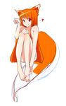  animal_ears bad_id bad_pixiv_id barefoot blush fang feet flelincw hands_on_feet highres holding_own_foot holo long_hair nude orange_hair red_eyes sitting sketch smile solo spice_and_wolf tail wolf_ears 