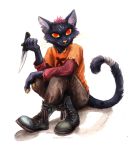  2019 anthro bandage claws clothed clothing digital_media_(artwork) felid feline fur hair humanoid_hands kenket knife looking_at_viewer mae_(nitw) male mammal melee_weapon night_in_the_woods red_eyes simple_background smile solo video_games weapon white_background 