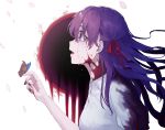  1girl blood blood_on_face bloody_clothes blush breasts bug butterfly collarbone crying dress eyebrows_visible_through_hair fate/stay_night fate_(series) hair_between_eyes hair_ribbon hakisou heaven&#039;s_feel highres insect long_hair matou_sakura medium_breasts purple_eyes purple_hair red_ribbon ribbon solo upper_body white_dress 