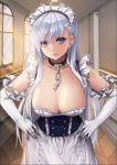  1girl azur_lane bangs belfast_(azur_lane) blue_eyes braid breasts chains choker cleavage closed_mouth collar collarbone commentary_request corset dress elbow_gloves french_braid frilled_dress frilled_gloves frills gloves hair_between_eyes hallway hands_on_hips indoors kibellin large_breasts long_hair looking_at_viewer maid maid_headdress silver_hair tile_floor tiles white_gloves window 