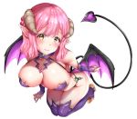  1girl blush braid breasts bridal_gauntlets demon_girl demon_horns demon_tail demon_wings flying foreshortening full_body gem gold_footwear high_heels horns large_breasts light_smile looking_at_viewer original pink_hair pointy_ears purple_legwear revealing_clothes short_hair simple_background skindentation solo succubus tail thighhighs white_background wings yellow_eyes yellow_footwear yuzuki_tsuzuru 