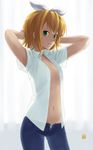  adjusting_hair armpit_peek arms_behind_head arms_up bad_id bad_pixiv_id blonde_hair denim dressing flat_chest green_eyes hair_ribbon highres jeans kagamine_rin nagian navel no_bra open_clothes open_fly open_shirt panties pants panty_peek pantyshot ribbon shirt short_hair solo striped striped_panties unbuttoned underwear unzipped vocaloid white_shirt 