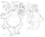  2019 anthro belly big_belly black_and_white claws digital_media_(artwork) dragon half-closed_eyes hi_res horn male matuska monochrome open_mouth overweight scales simple_background sketch solo spikes toe_claws tongue wings 